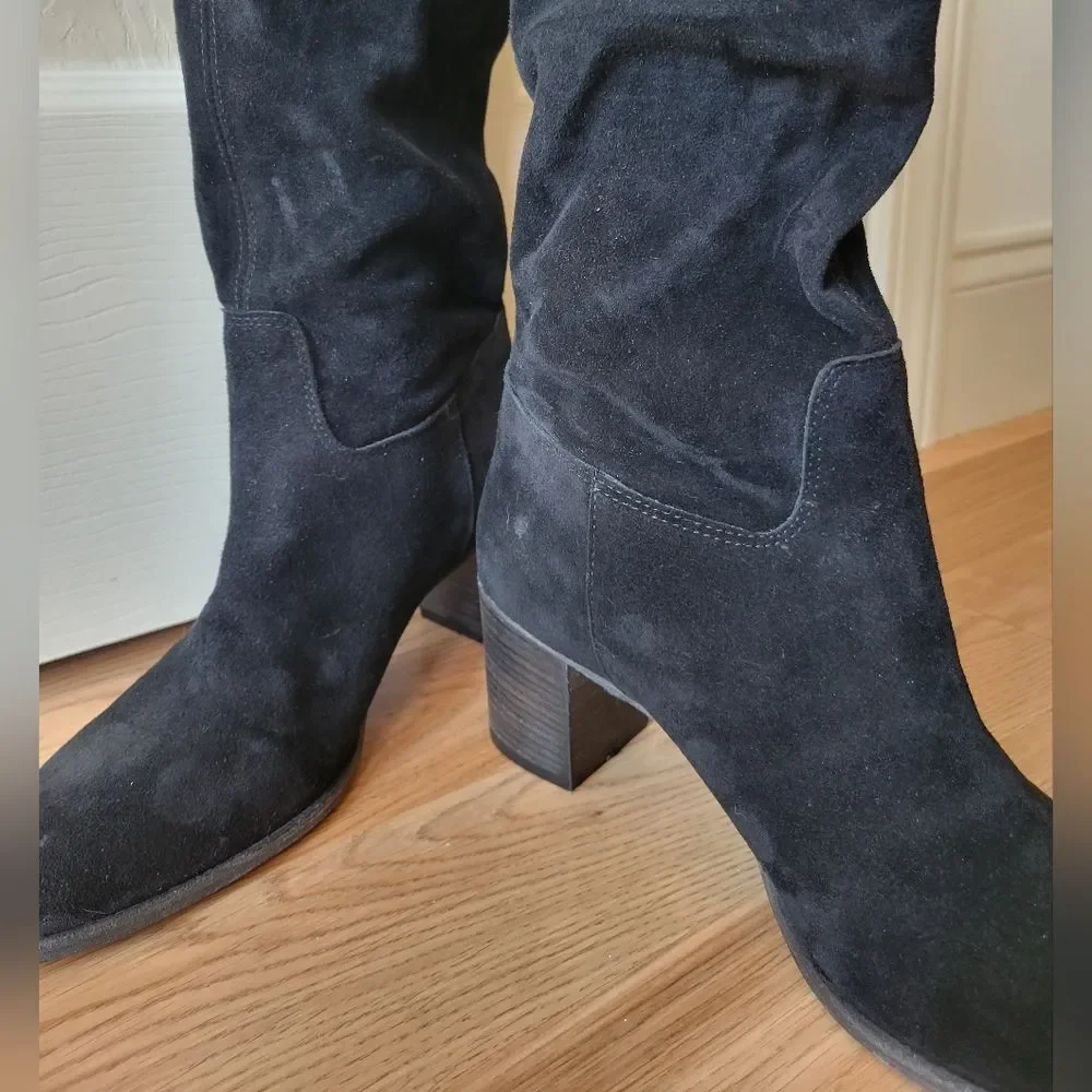 Free People Black Suede Knee-High Block Heel Boots Boho Chic 90s Size 10.5/41